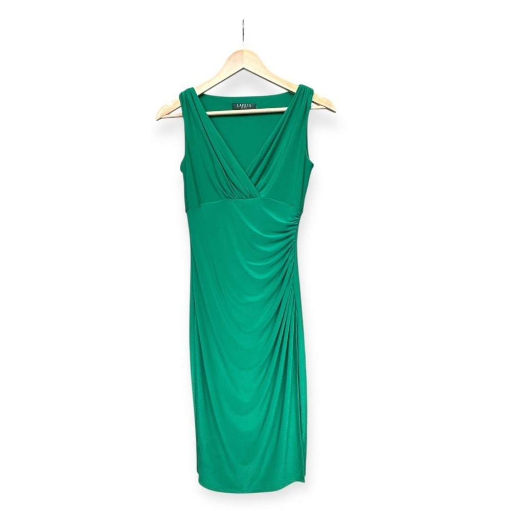 Women's Ralph Lauren Emerald Green Ruched Dress V Neck Sz 2 Stretch Spring Event